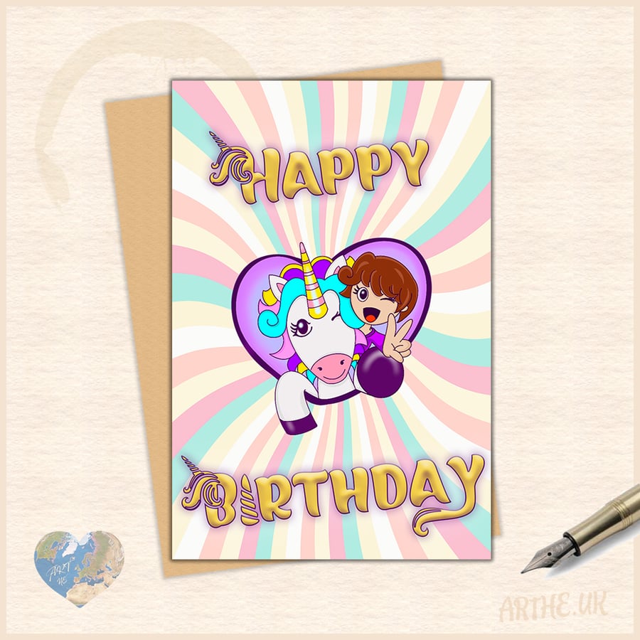 Happy Birthday – personalisable Girl & Unicorn card