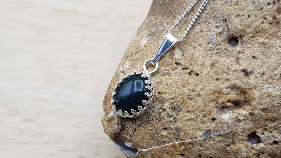 Tiny Bloodstone pendant. 925 sterling silver. March birthstone necklace.