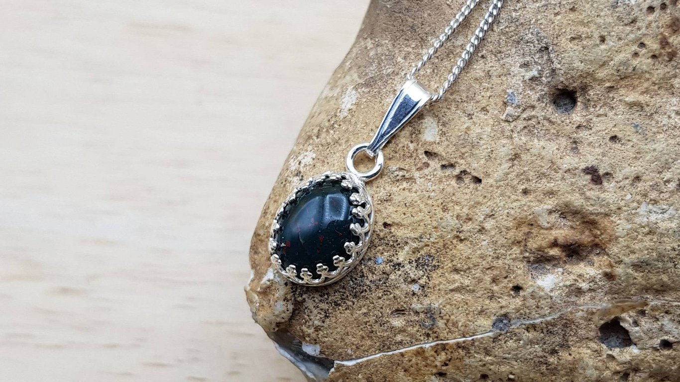 Tiny Bloodstone pendant. 925 sterling silver. March birthstone necklace.
