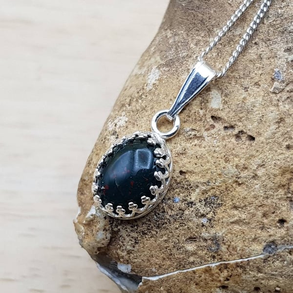 Tiny Bloodstone pendant. 925 sterling silver. March birthstone necklace.