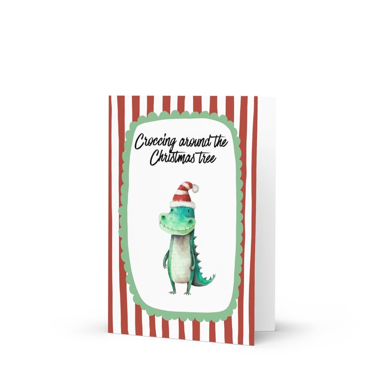 Candy Stripe Croc-ing Around the Christmas Tree Pun Greeting Card