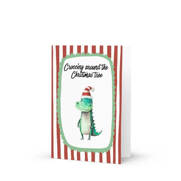 Candy Stripe Croc-ing Around the Christmas Tree Pun Greeting Card
