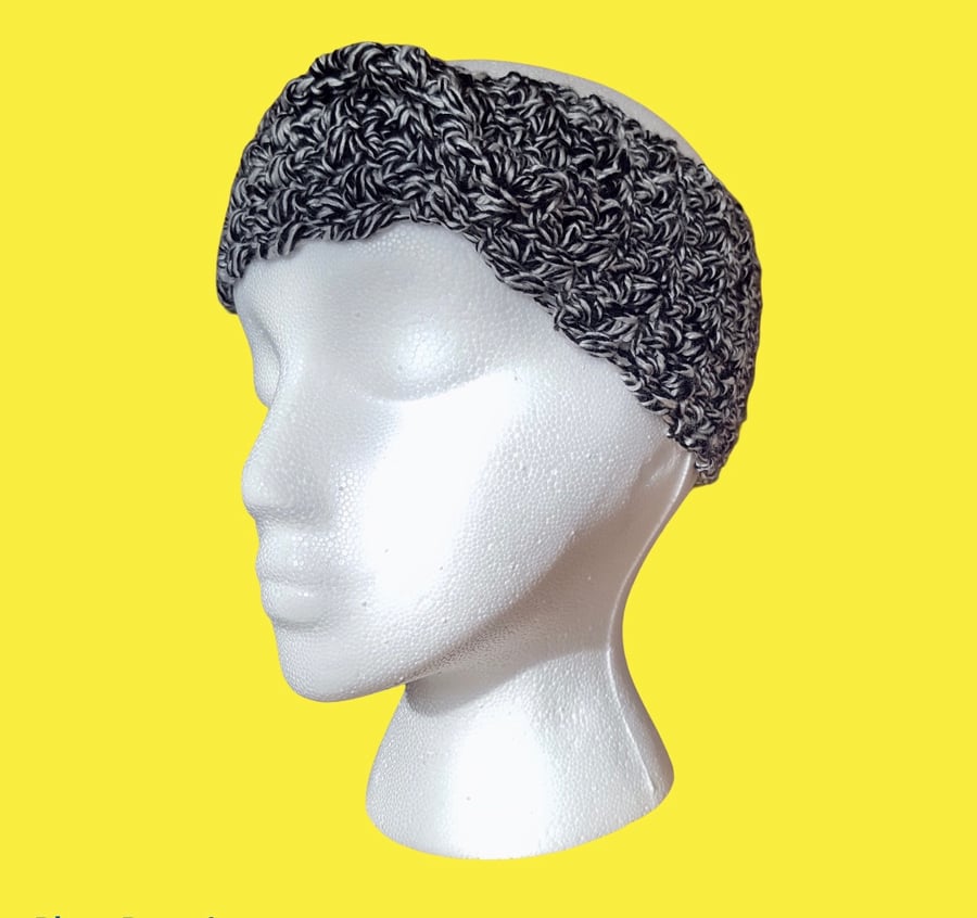 Handmade crochet black and silver grey women’s ear warmer headband.