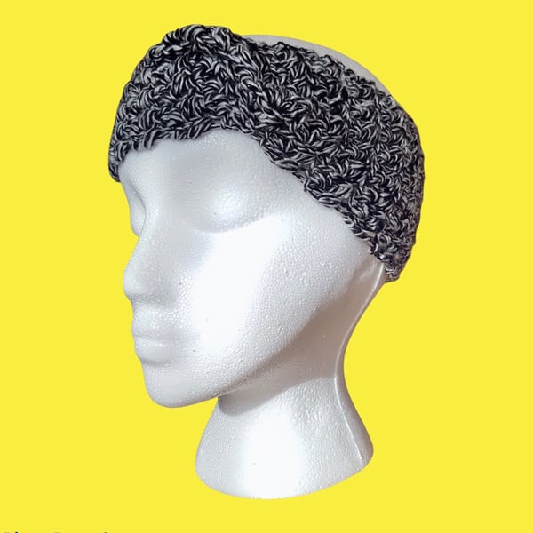 Handmade crochet black and silver grey women’s ear warmer headband.