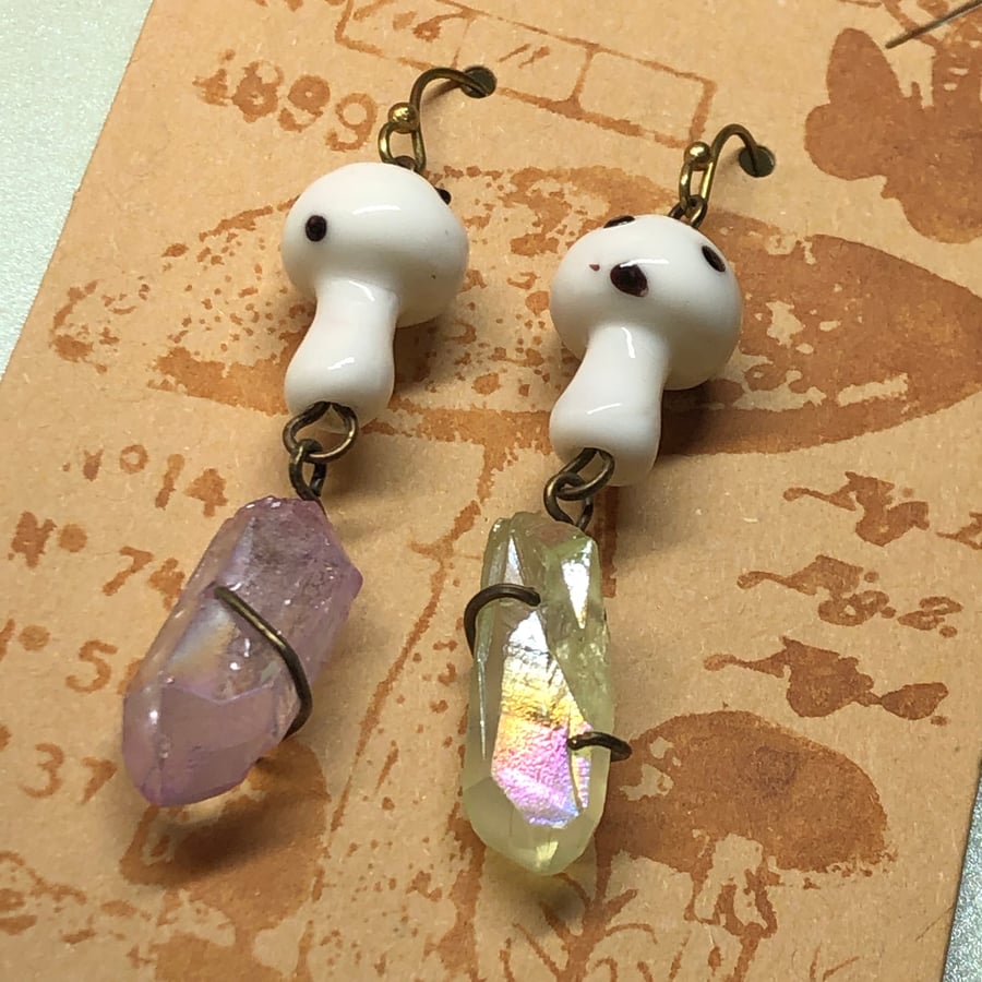 White mushroom crystal earrings