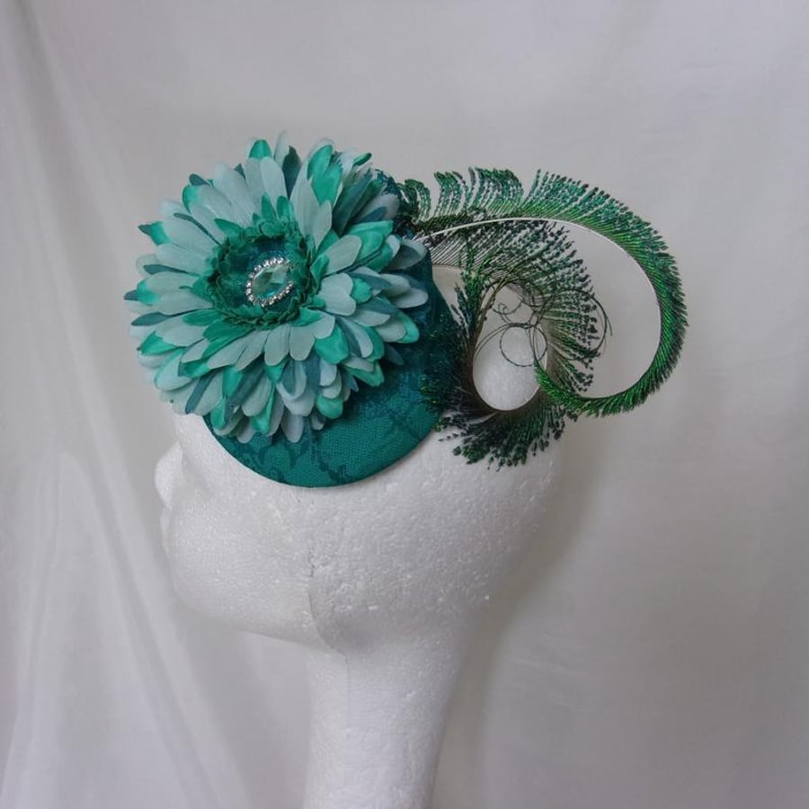 Shades of Blue and Green Vintage Style Peacock Feather Flower Fascinator Hat
