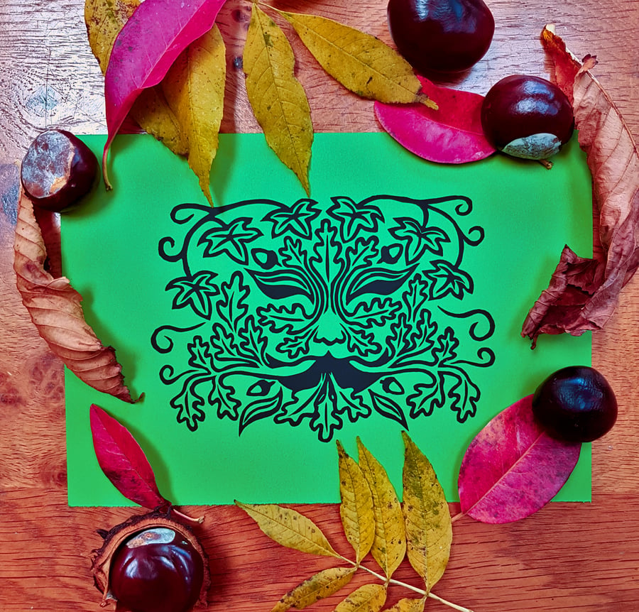 Green Man - A5 Lino Print