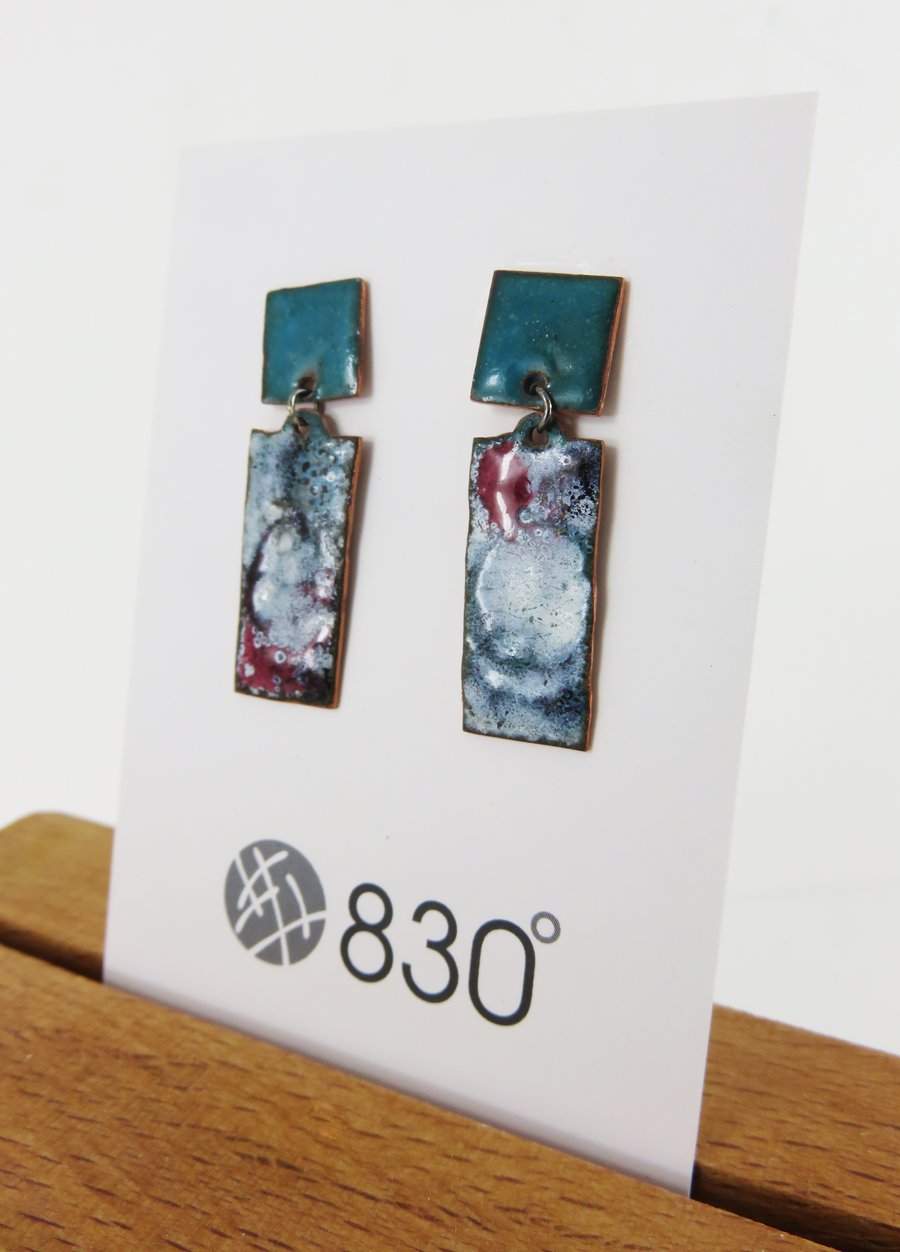 Enamel on Copper, Unique One Off Dangle Earrings