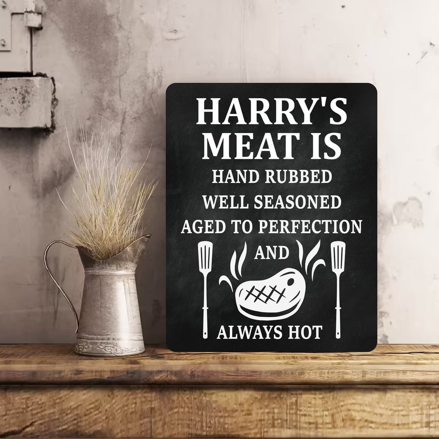 PERSONALISED Funny BBQ Garden Metal Wall Sign Gift Dad Present Chalk Style