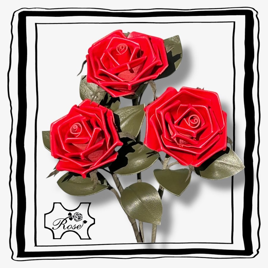 Romance Trio of Red Leather Roses - Valentines Day, Wedding Anniversary Gift.
