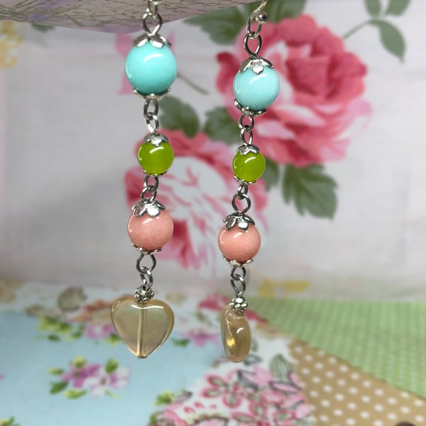 Long gemstone heart dangle earrings 