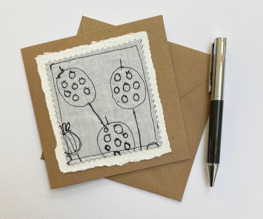 Up-cycled embroidered honesty and poppy seed pod garden card. 