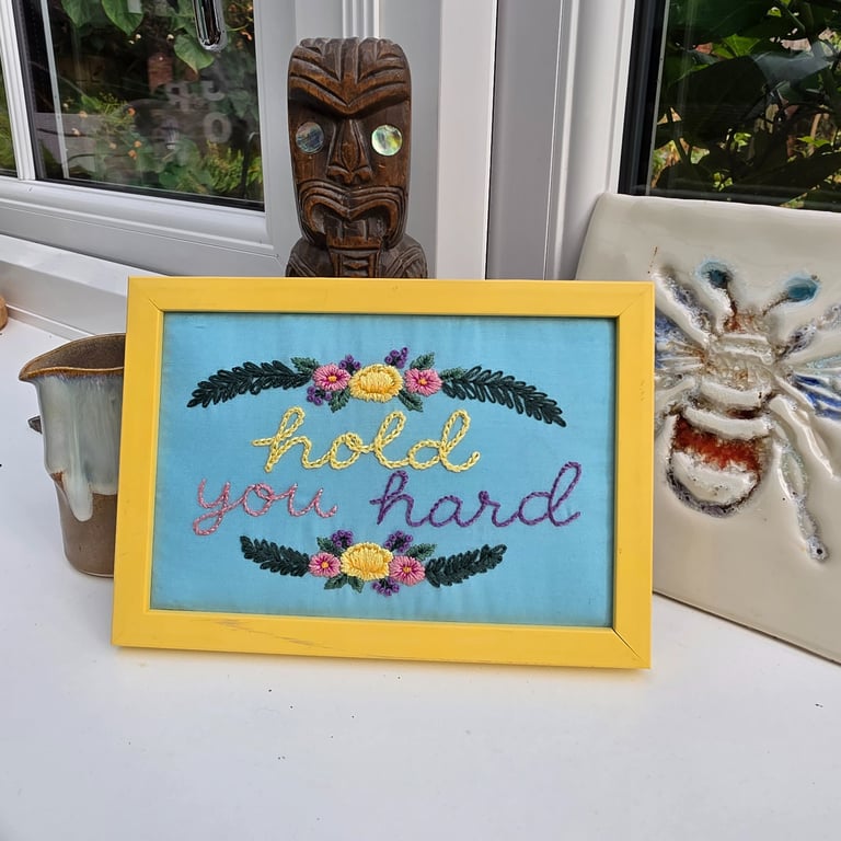'Hold You Hard' Hand Embroidered Floral Framed Wall Art – 6x4 Inch