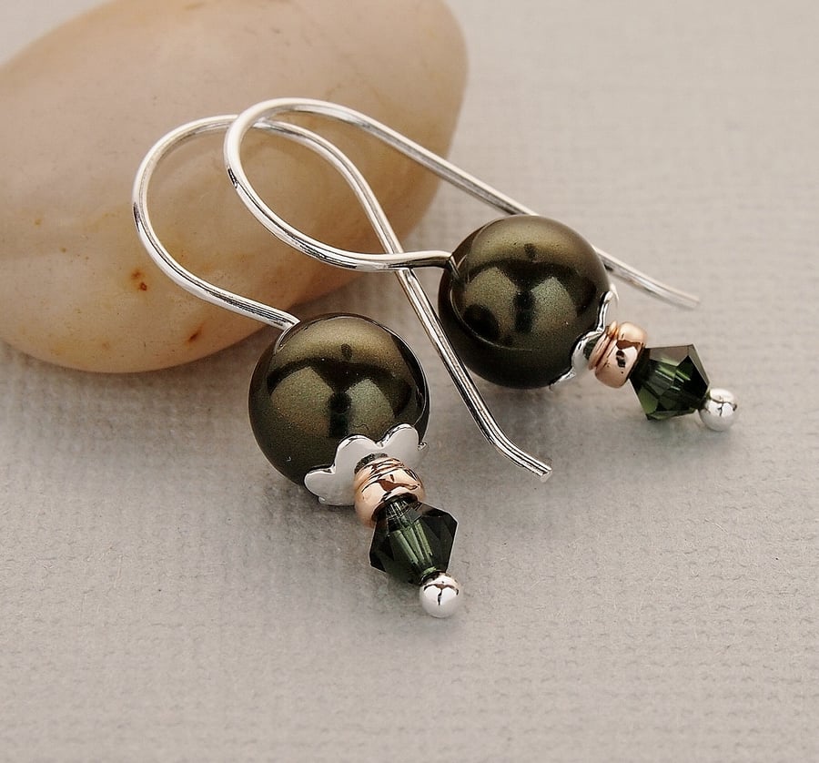 Dark Green Swarovski Pearl Earrings - Sterling Silver - Gifts