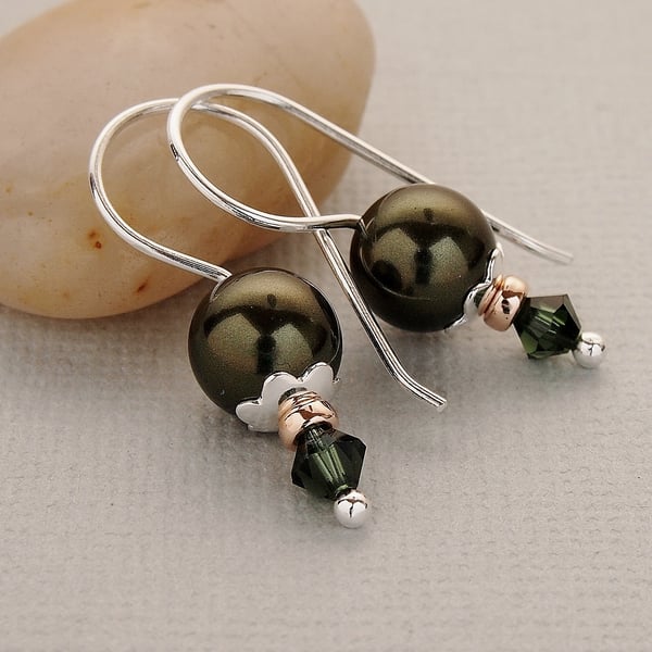 Dark Green Swarovski Pearl Earrings - Sterling Silver - Gifts