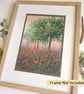 Tree in a patch of poppies, original oil pastel painting, A4 wall art, artwork - Image 9