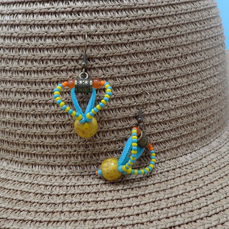 Boho Tropical Sunshine Beaded Turquoise and Yellow Earrings
