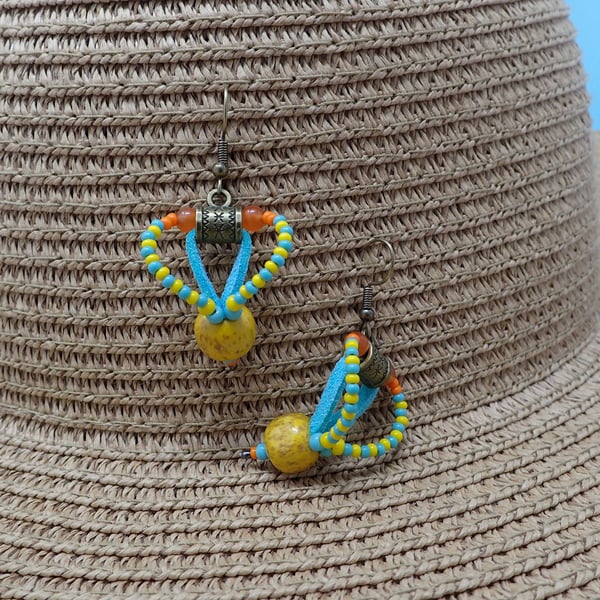 Boho Tropical Sunshine Beaded Turquoise and Yellow Earrings