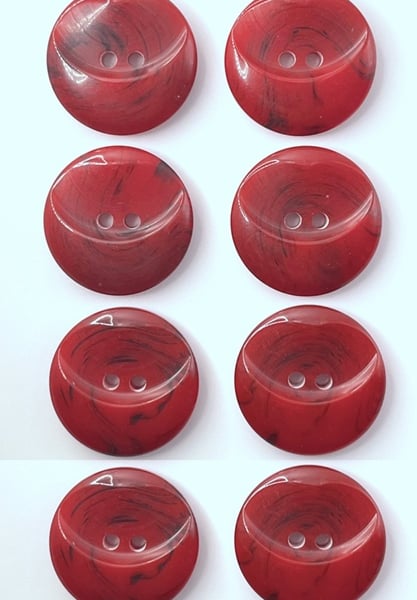 8 Half Moon Buttons, 18mm Wide, Dark Red and Black Flecks Design, by Dill