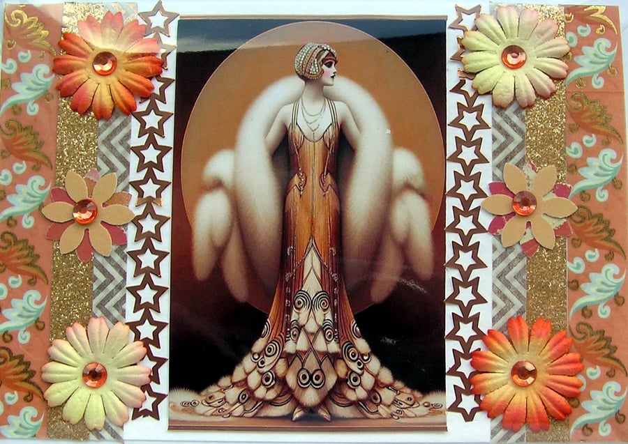 Art Deco Style Lady - Hand Crafted Decoupage Greeting Card - Blank 3191