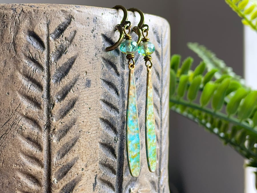 Verdigris & Turquoise Patina Earrings. Boho Style Hand Painted Dangle Earrings 