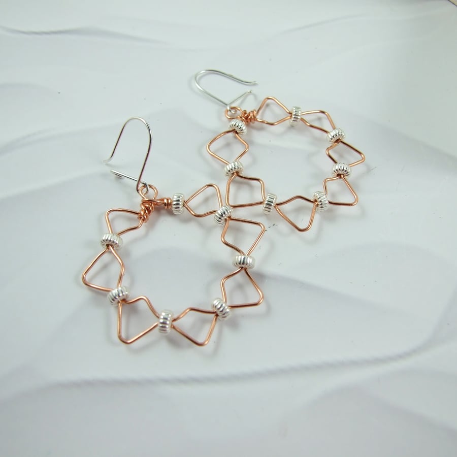 Earrings, Delicate Sterling Silver and Copper Star Hoops