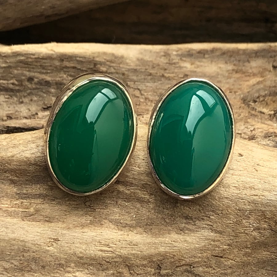 14x10mm green agate solid sterling silver stud earrings -00000482