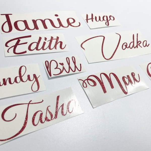 Personalised Glitter Red Christmas Name Vinyl Sticker in multiple fonts and size