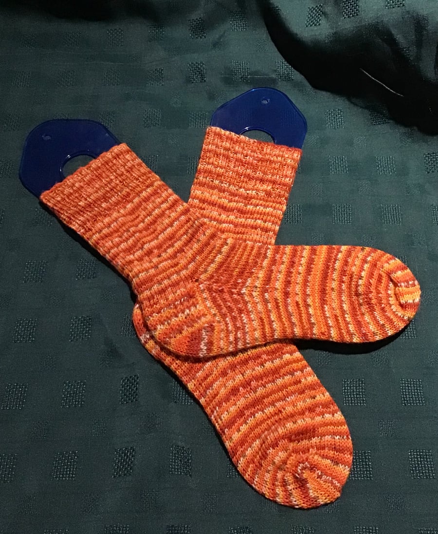 Hand Knit Bamboo Socks Orange Striped 