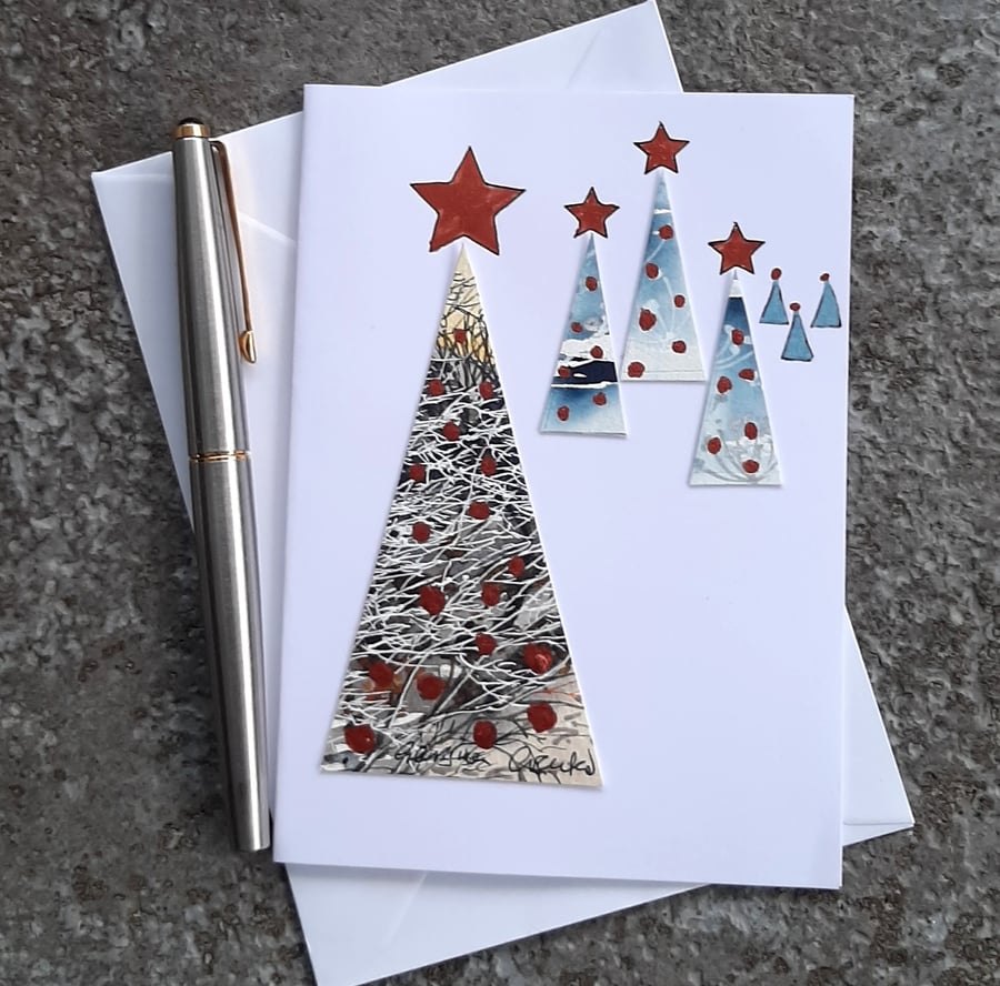 Blank Christmas Card of Handpainted Collaged  Trees with Copper Metallic Paint