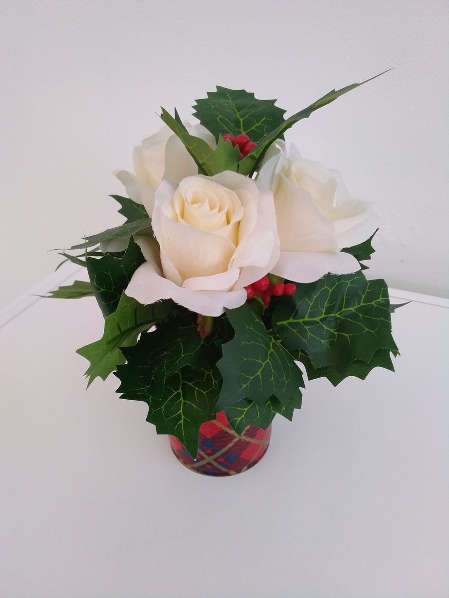 Festive Tartan Tin with Cream Roses & Holly