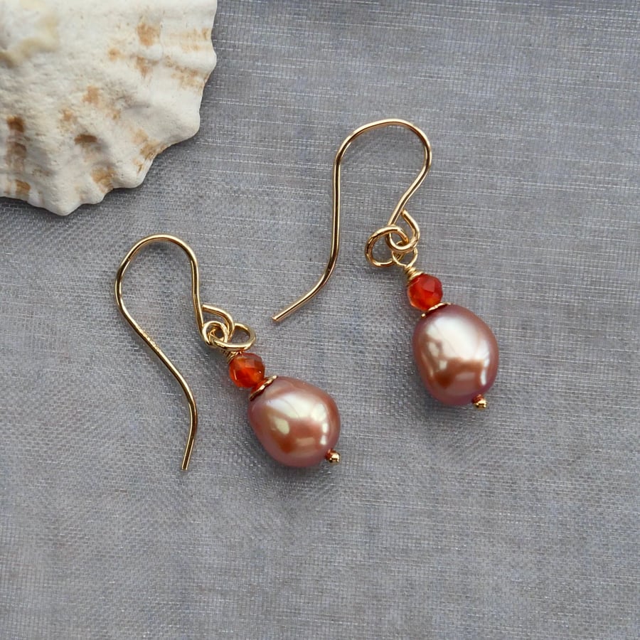 Copper Pink Pearl Earrings with Faceted Carnelian Beads - 14k Gold Filled Hooks