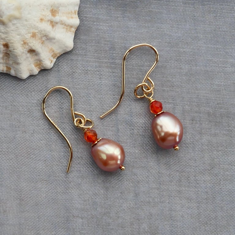 Copper Pink Pearl Earrings with Faceted Carnelian Beads - 14k Gold Filled Hooks