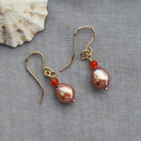 Copper Pink Pearl Earrings with Faceted Carnelian Beads - 14k Gold Filled Hooks
