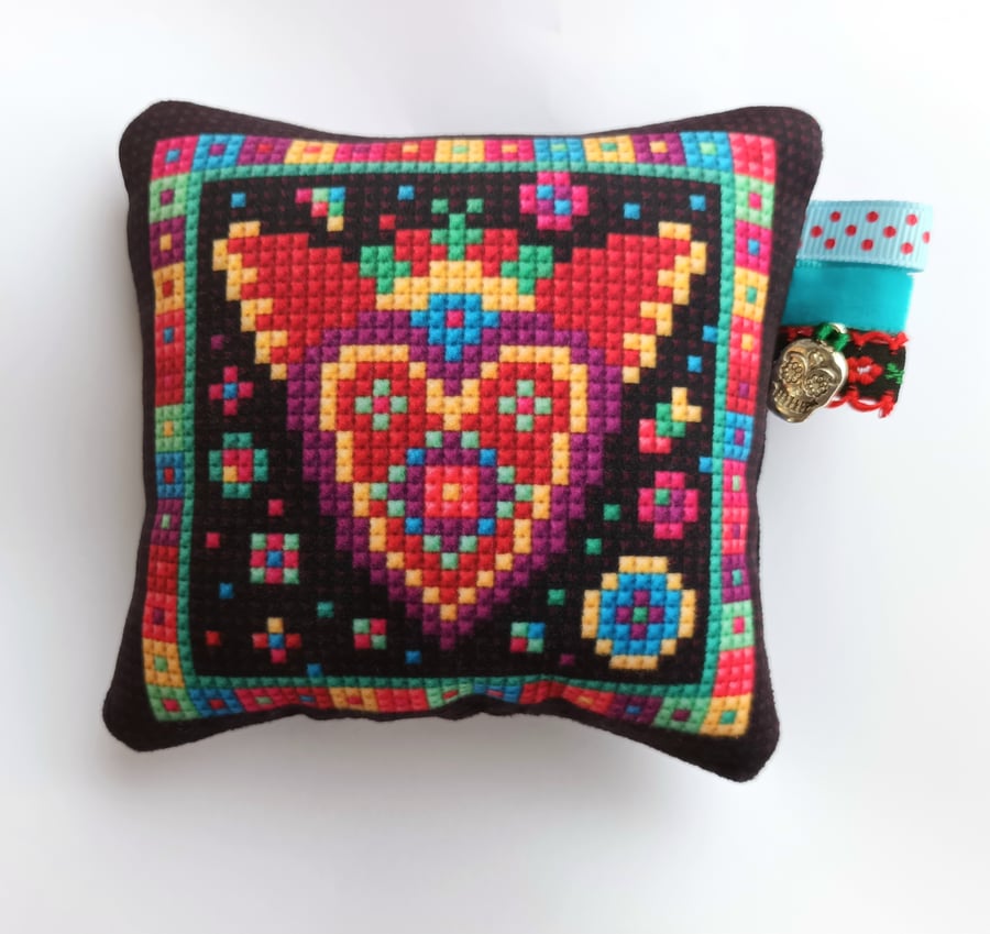 Flaming Heart Tile Pin-cushion,  Velvet Pin-cushion, Sewing Room Gift 