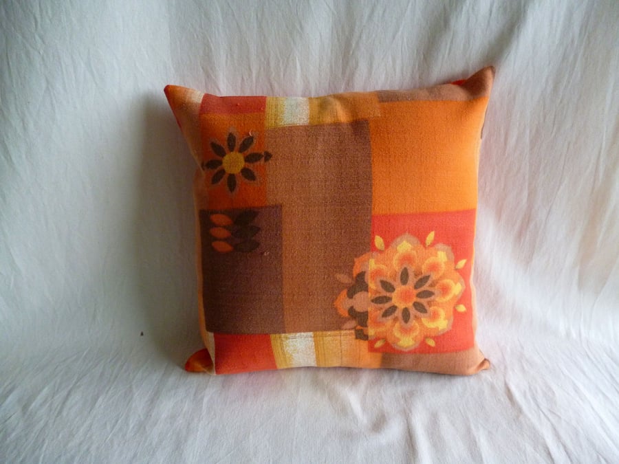1960s vintage orange and brown fabric cushion cover