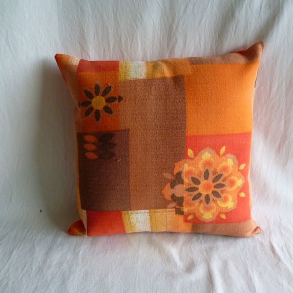 1960s vintage orange and brown fabric cushion cover
