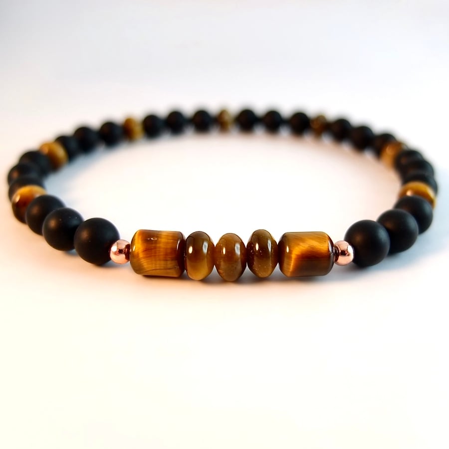 Tigers Eye And Black Onyx Bracelet - Larger Size - Handmade In Devon