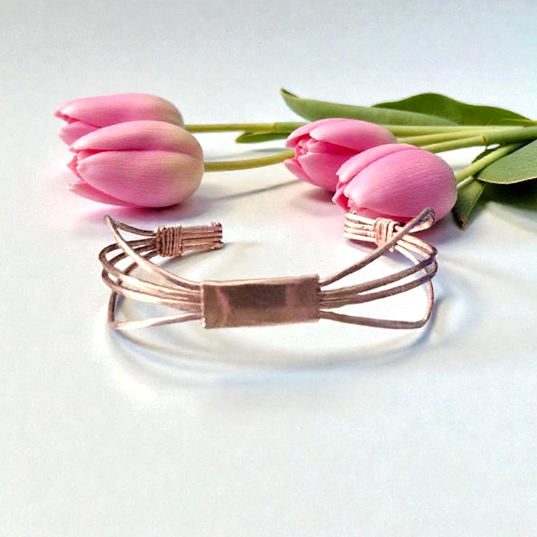 Copper Art Deco Style Cuff Bangle, Adjustable S-L, Gift Boxed