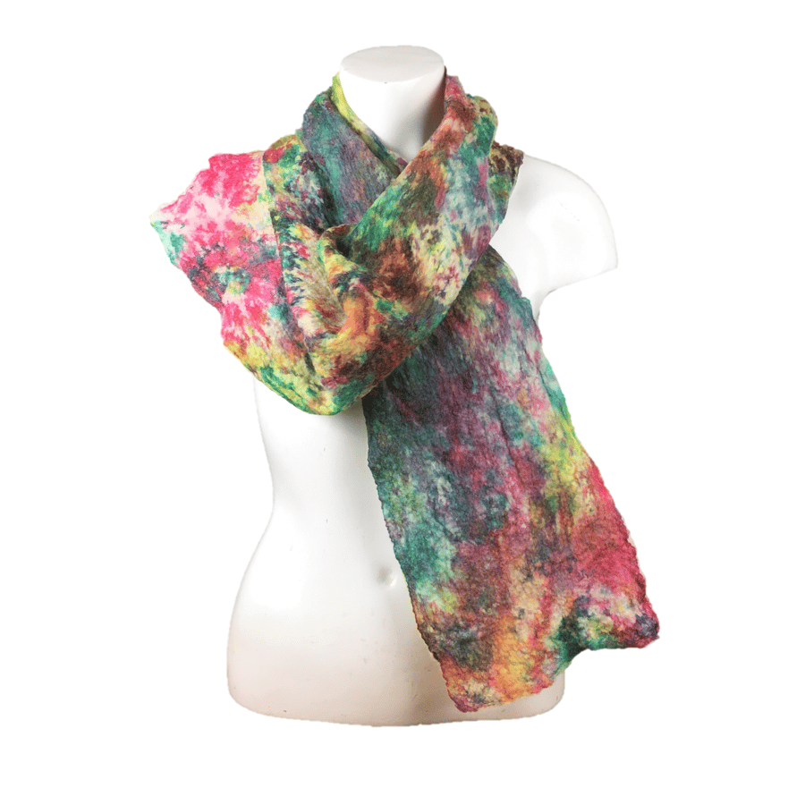 Scarf, silk chiffon nuno felted on merino wool in green, pink and yellow