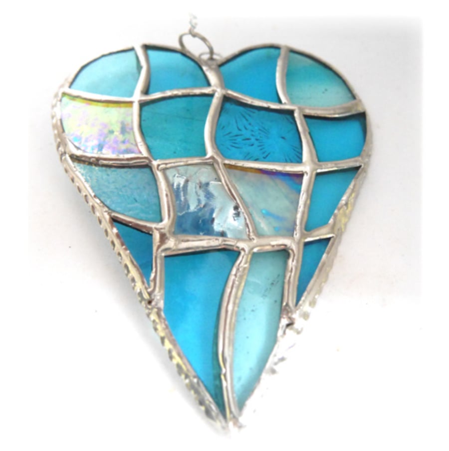 Patchwork Heart Suncatcher Stained Glass Handmade Turquoise Aqua 099