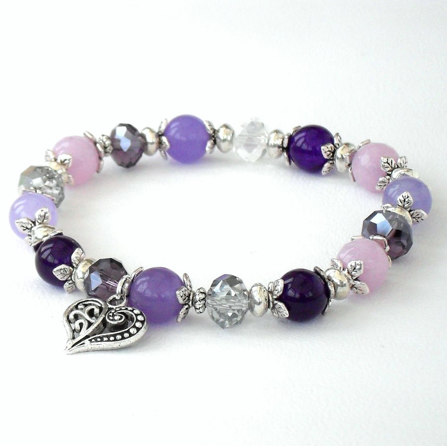 Purple and lavender handmade bracelet with heart charm 