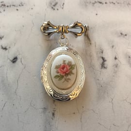 Vintage  Floral Rose Bud Silver Locket Brooch