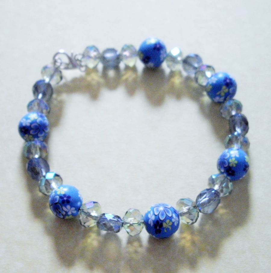 Blue Floral Ploymer Clay and Crystal Bead Bracelet 