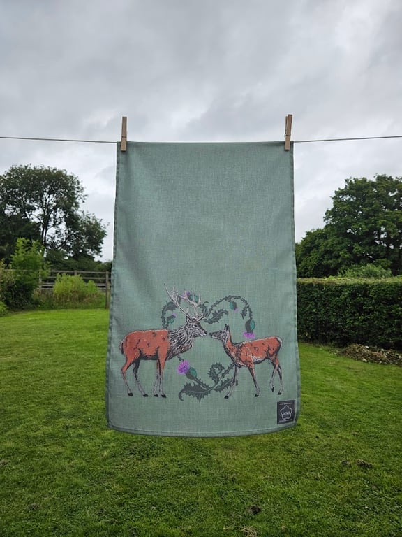 Red Stag and Hind in thistle heart tea towel, organic cotton, hanging loop
