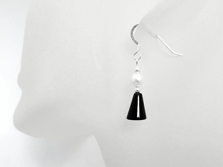 Black Onyx & White Swarovski Pearl Sterling Silver Drop Earrings