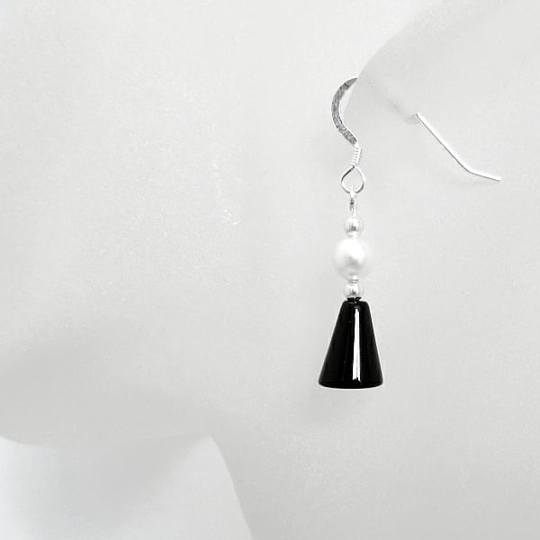 Black Onyx & White Swarovski Pearl Sterling Silver Drop Earrings