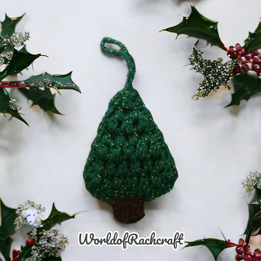Green with gold sparkle crochet christmas tree ornament