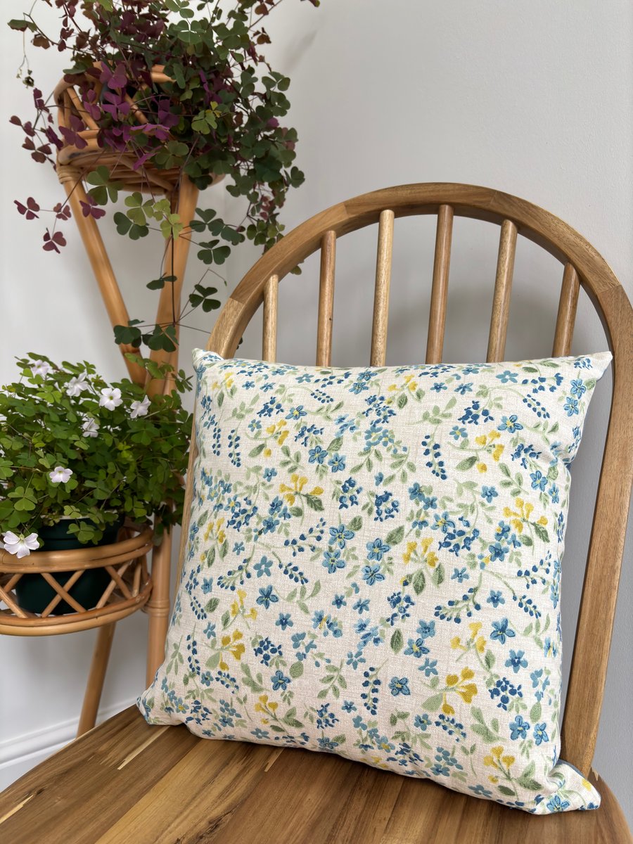 Floral cushion cover in blue, yellow & green, 40cm x 40cm