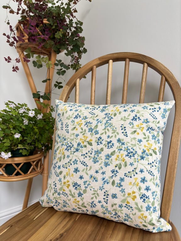 Floral cushion cover in blue, yellow & green, 40cm x 40cm